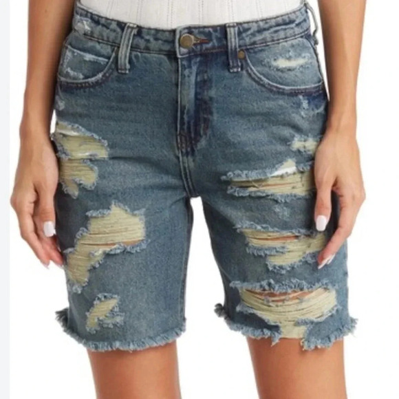 PTCL Women's Distressed High-Rise Denim Mid Thigh Shorts Blue Size 28 - Picture 1 of 13